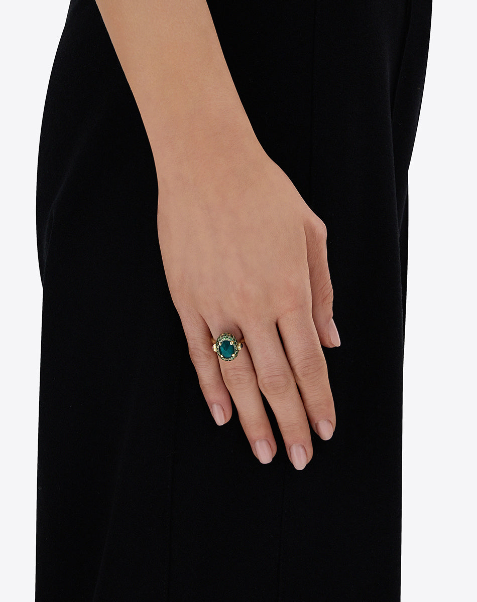 "Reverse" Gold, Sapphire, Tsavorite, Amethyst, Green Labradorite and Rock Crystal Double-face Ring (MEDIUM)