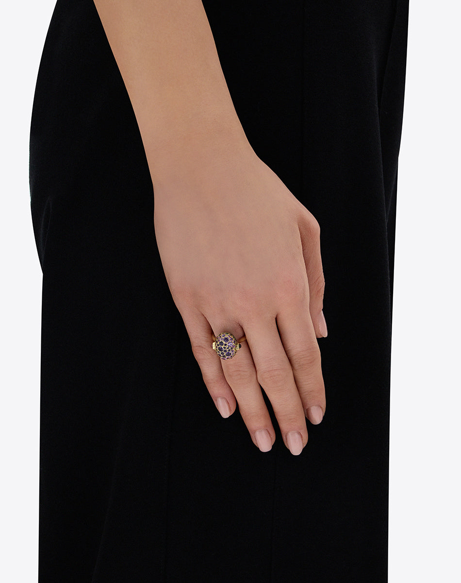 "Reverse" Gold, Sapphire, Tsavorite, Amethyst, Green Labradorite and Rock Crystal Double-face Ring (MEDIUM)