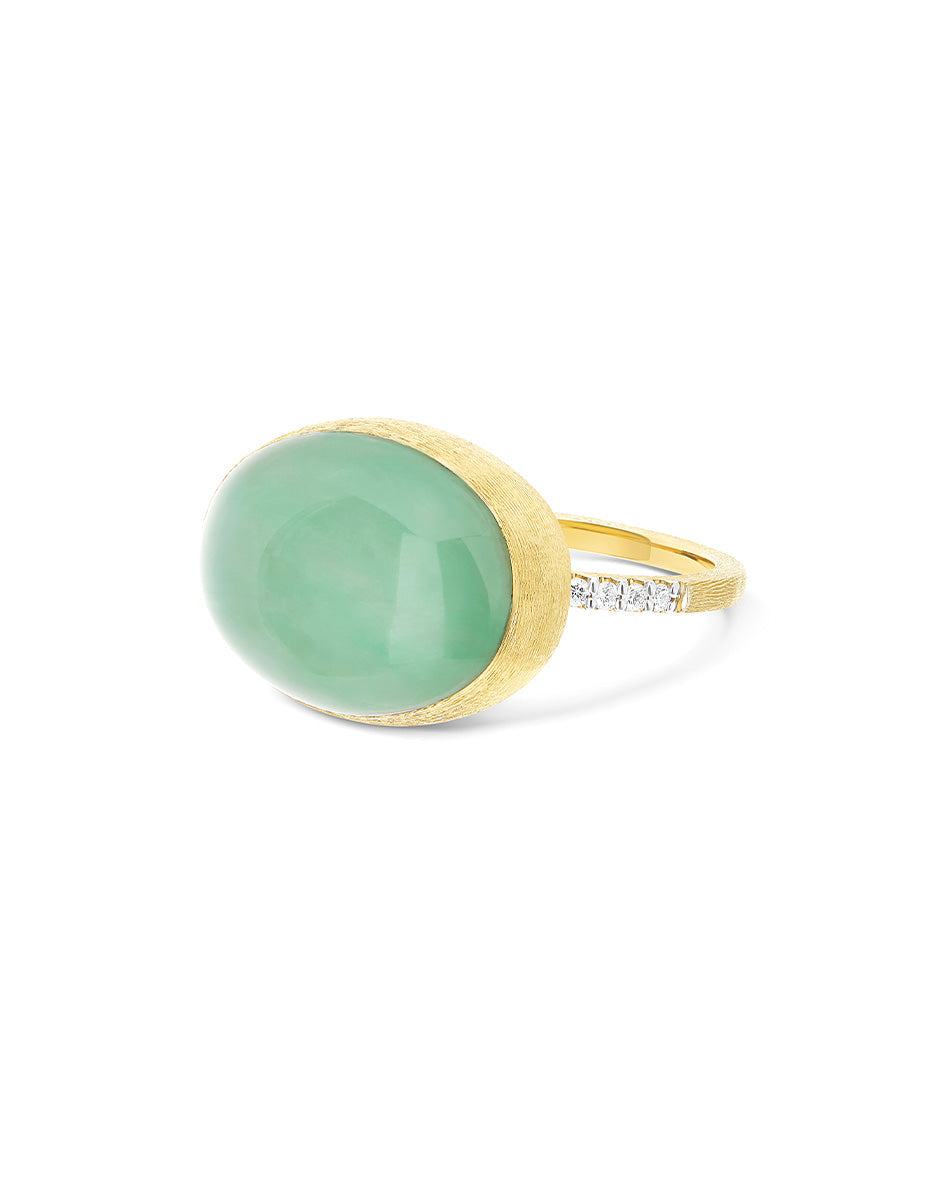 Lattementa Boules ring (big), in engraved gold, dimaonds, jadeite and Rock crystal