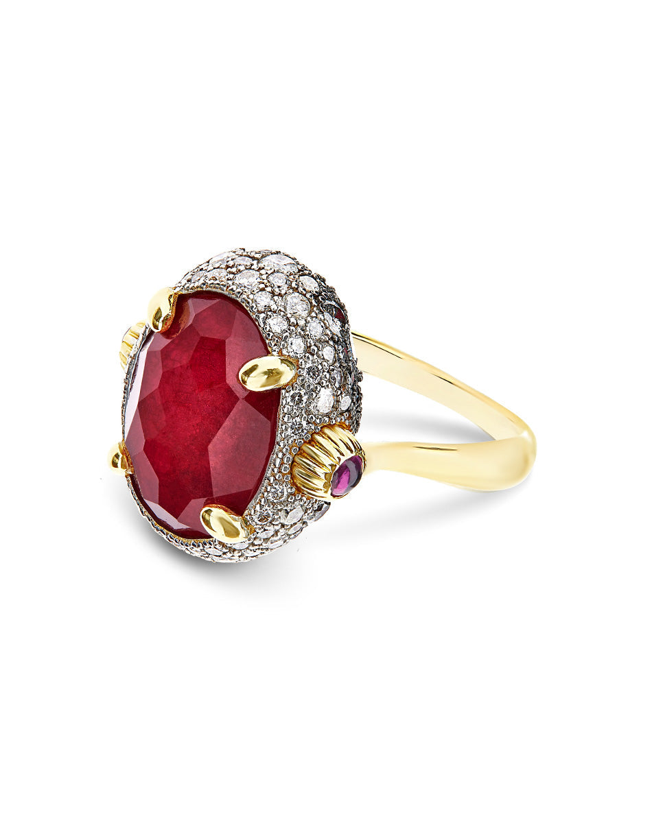 Reverse ring (big), reversible, in gold, diamonds, ruby and Rock crystal