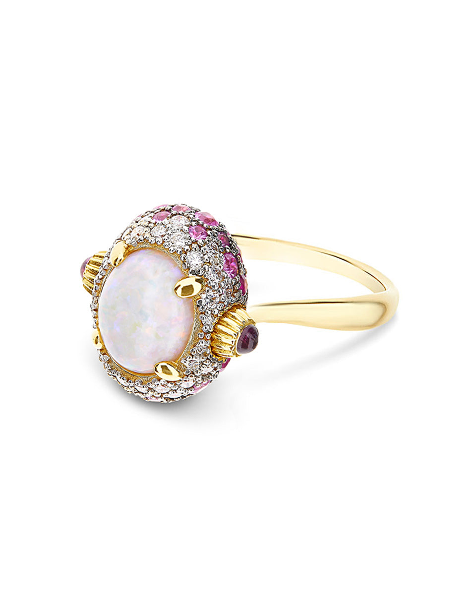 Reverse ring (medium), reversible, in gold, diamonds, Australian white opal, pink sapphires and ruby