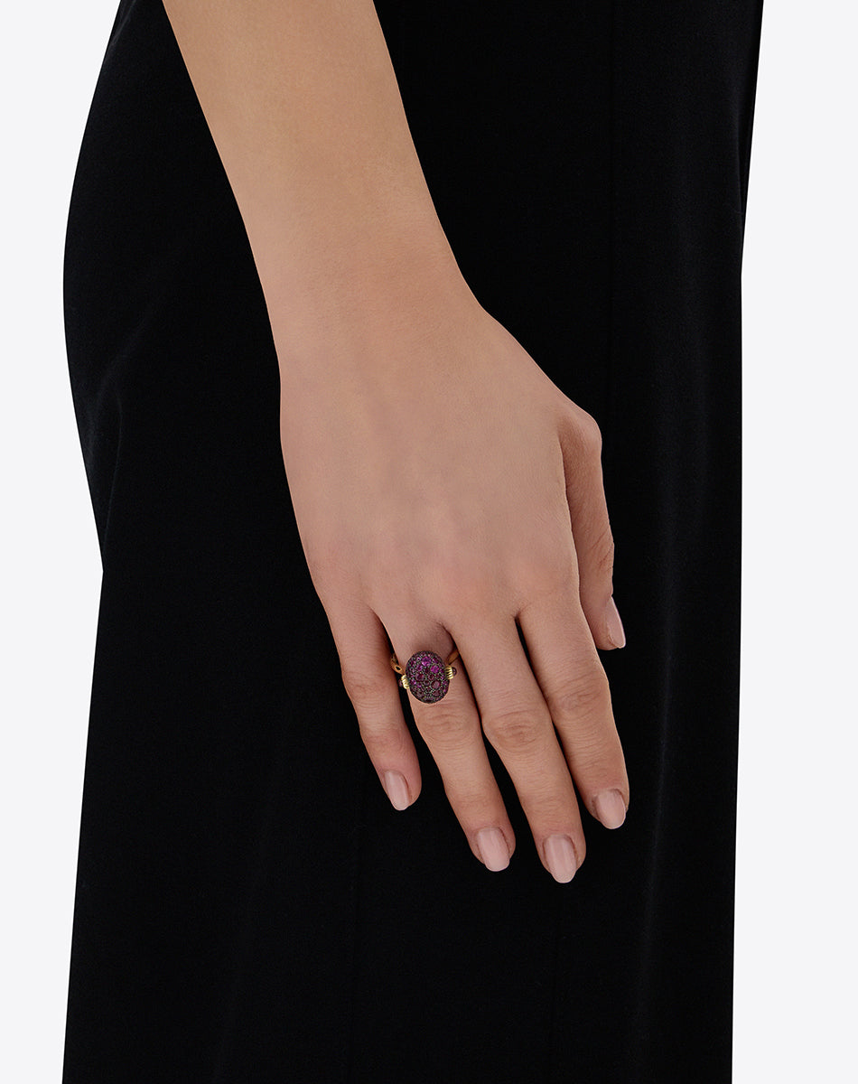 "Reverse" Gold, Pink Sapphires, Rubies, White Australian Opal and Diamonds Double-face Ring (MEDIUM)