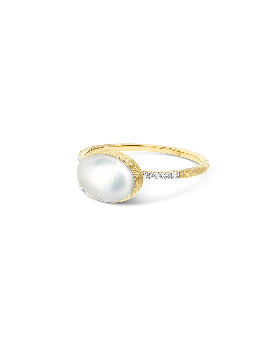 Dolcevita Boules ring (small), in engraved gold, diamonds, mother-of-pearl and Rock crystal