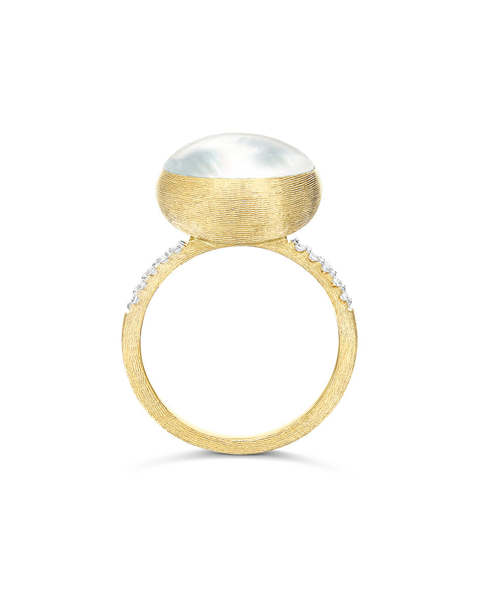Dolcevita “Boules” ring in engraved gold, diamonds, mother-of-pearl and rock crystal (medium)