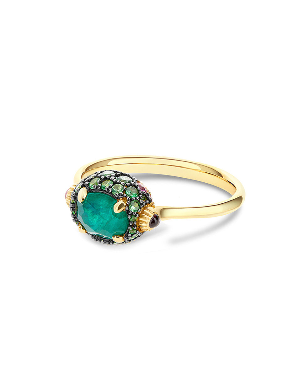 Reverse ring (small), reversible, in gold, diamonds, labradorite, Rock crystal, amethyst, green sapphire, pink sapphire and tsavorite
