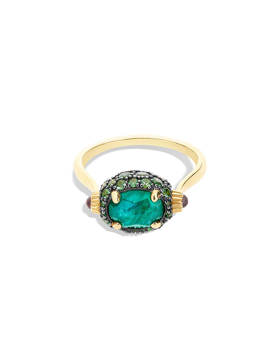 "Reverse" Gold, Sapphire, Tsavorite, Amethyst, Green Labradorite and Rock Crystal Double-face Ring (SMALL)