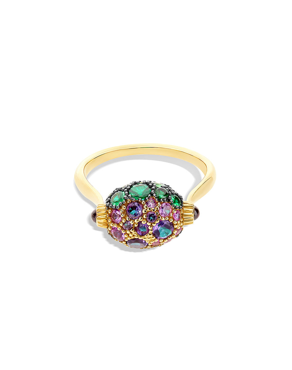 "Reverse" Gold, Sapphire, Tsavorite, Amethyst, Green Labradorite and Rock Crystal Double-face Ring (SMALL)