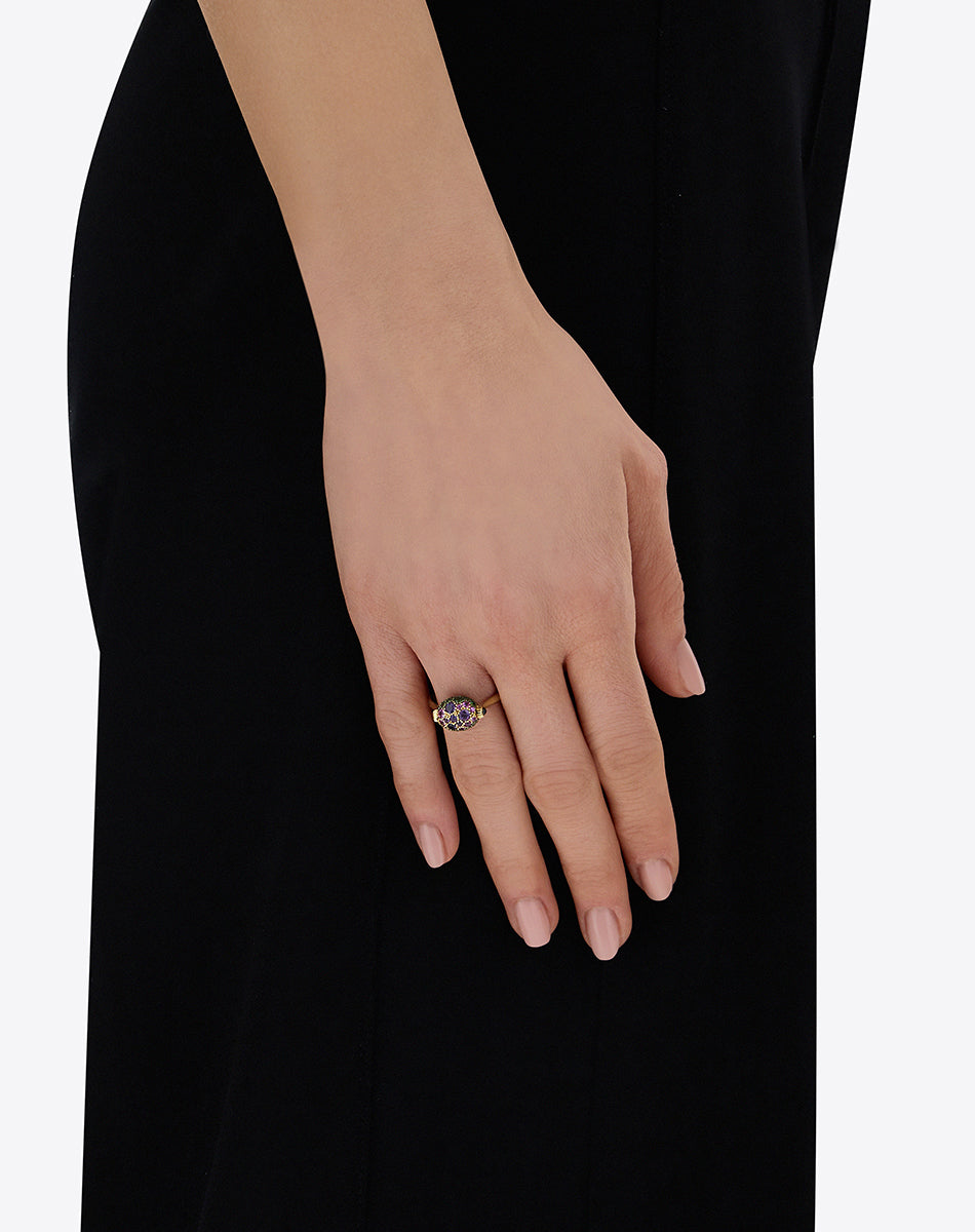 "Reverse" Gold, Sapphire, Tsavorite, Amethyst, Green Labradorite and Rock Crystal Double-face Ring (SMALL)