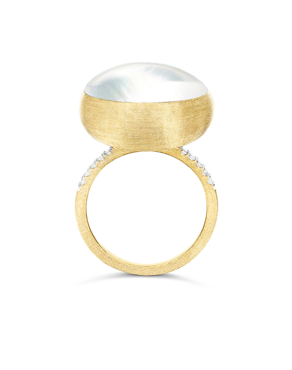 Dolcevita “Boules” ring in engraved gold, diamonds, mother-of-pearl and rock crystal (large)