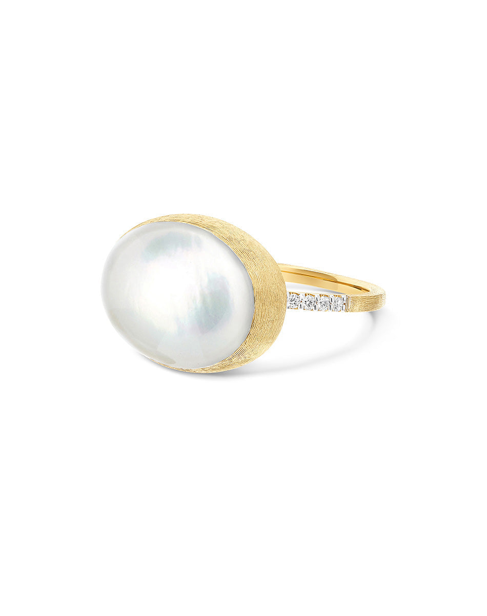 Dolcevita Boules ring (big), in engraved gold, diamonds, mother-of-pearl and Rock crystal