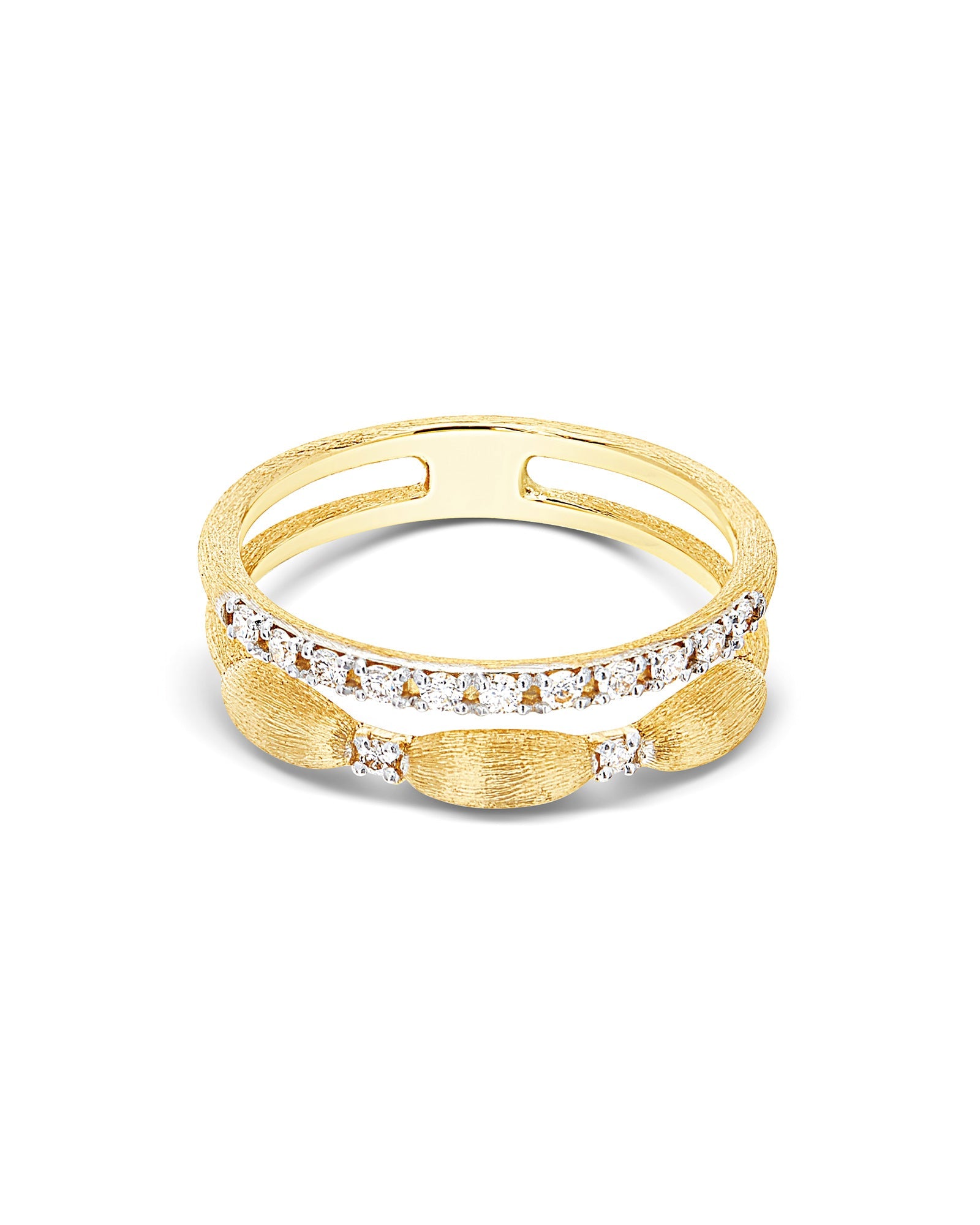 Aria ring, double band, in engraved gold and diamonds