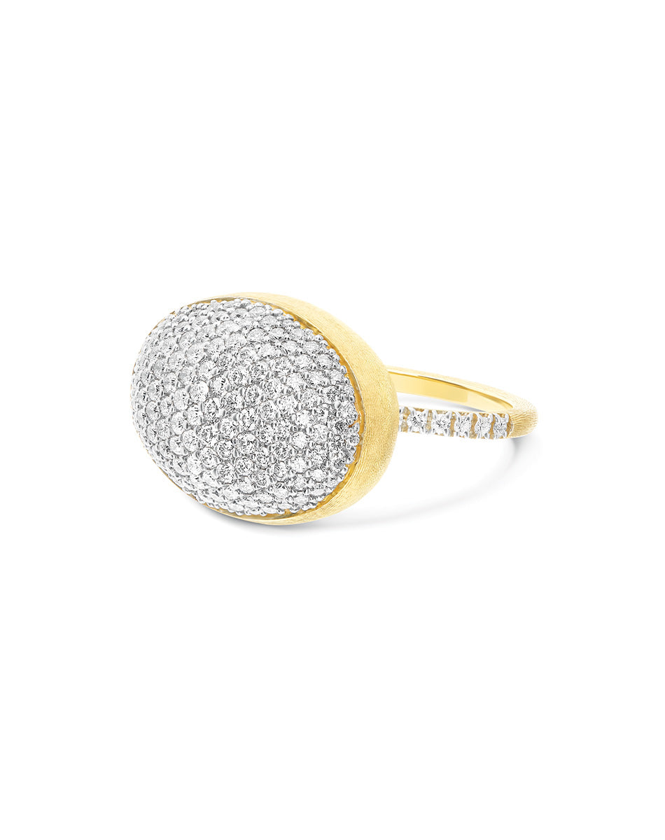 Boules ring (big), in engraved gold and diamond pavé
