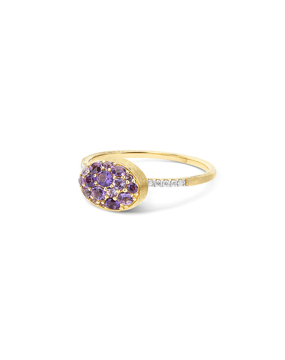 Violetta Boules ring (small), in engraved gold, diamonds and amethyst pavé
