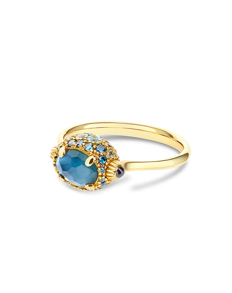 Reverse ring (small), reversible, in gold, diamonds, blue diamonds, London Blue topaz, Swiss blue topaz and sapphires