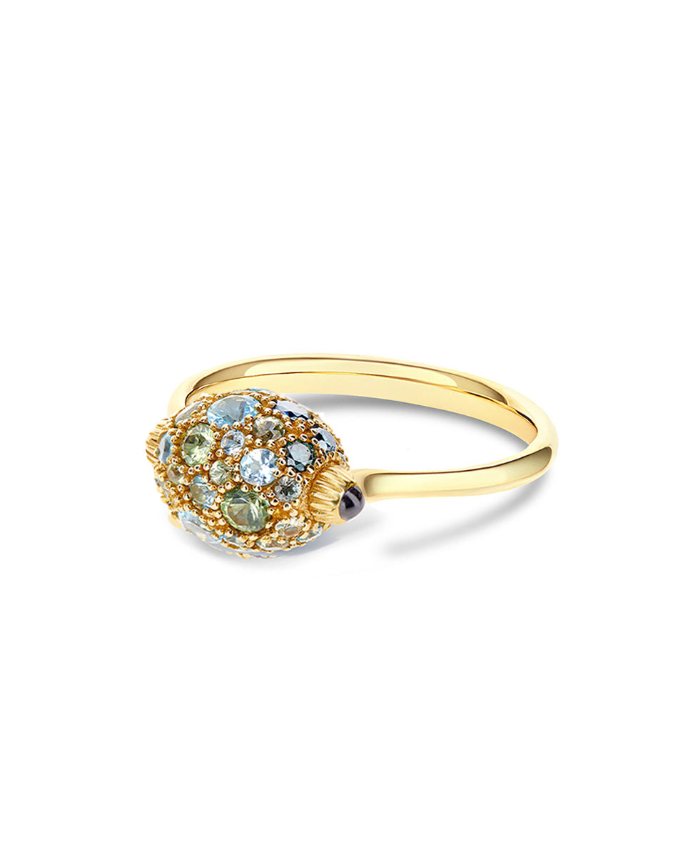 "Reverse" Gold, Blue Diamonds, Swiss Blue Topaz, Green Sapphires and London Blue Topaz Double-face Ring (SMALL)