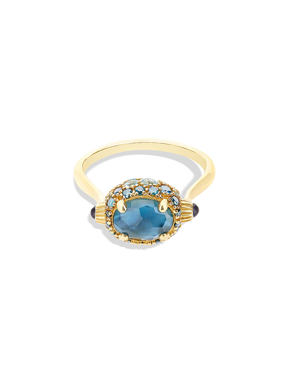 "Reverse" Gold, Blue Diamonds, Swiss Blue Topaz, Green Sapphires and London Blue Topaz Double-face Ring (SMALL)
