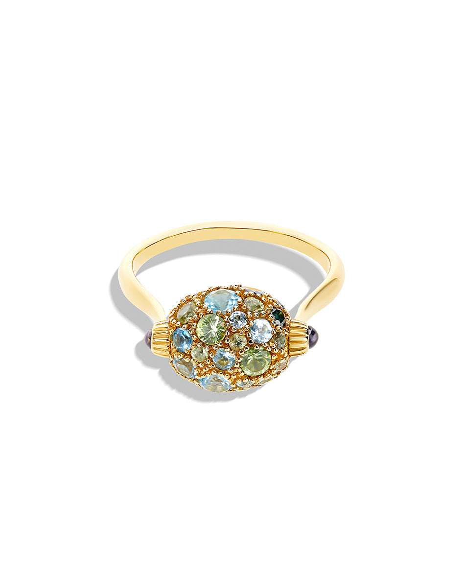 "Reverse" Gold, Blue Diamonds, Swiss Blue Topaz, Green Sapphires and London Blue Topaz Double-face Ring (SMALL)