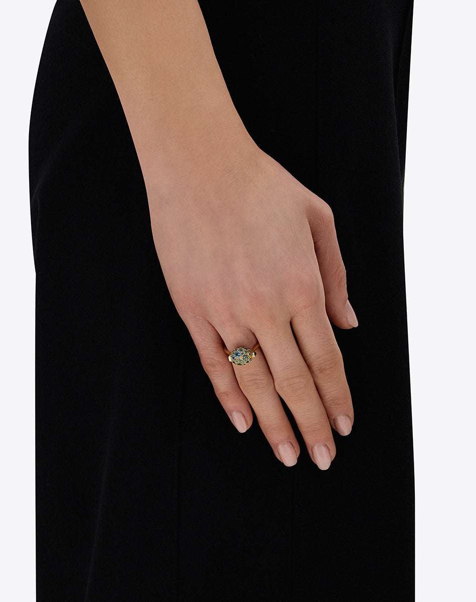 "Reverse" Gold, Blue Diamonds, Swiss Blue Topaz, Green Sapphires and London Blue Topaz Double-face Ring (SMALL)