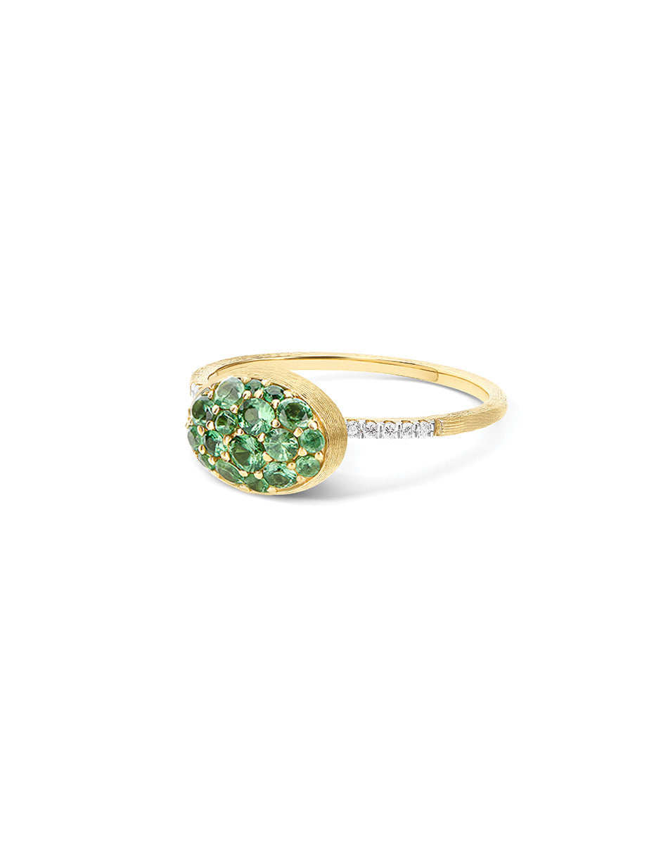 Lattementa Boules ring (small), in engraved gold, diamonds and tsavorite pavé