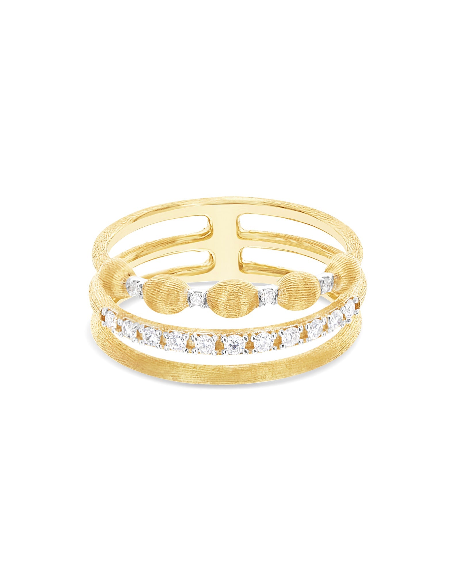 Aria ring, triple band, in engraved gold and diamonds