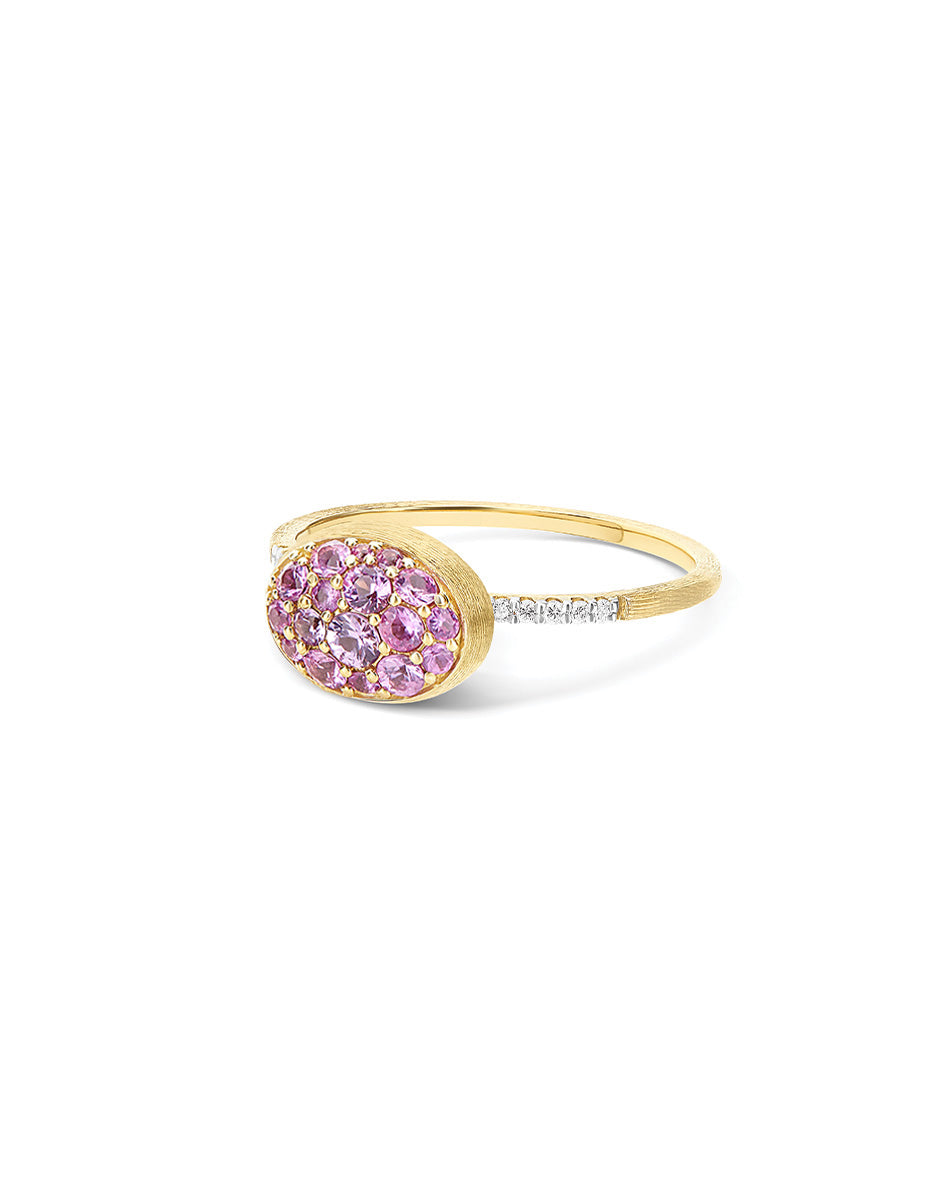 Rosolio Boules ring (small), in engraved gold, diamonds and pink sapphire pavé