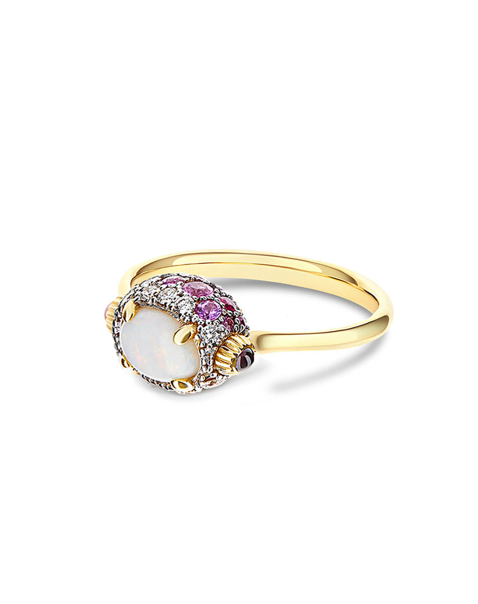 Reverse ring (small), reversible, in gold, diamonds, Australian white opal, pink sapphires and ruby