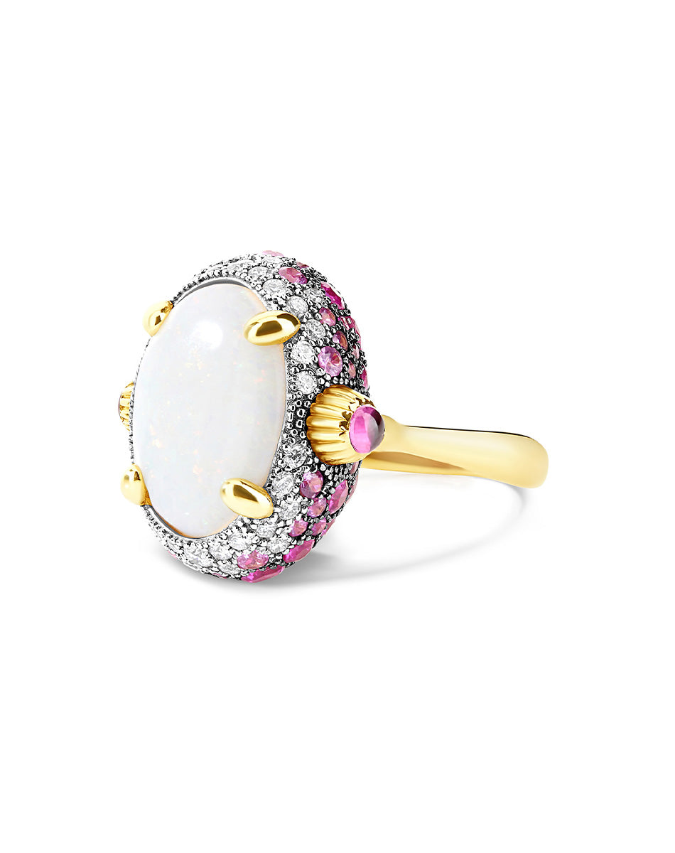 Reverse ring (big), reversible, in gold, diamonds, Australian white opal, pink sapphires and ruby