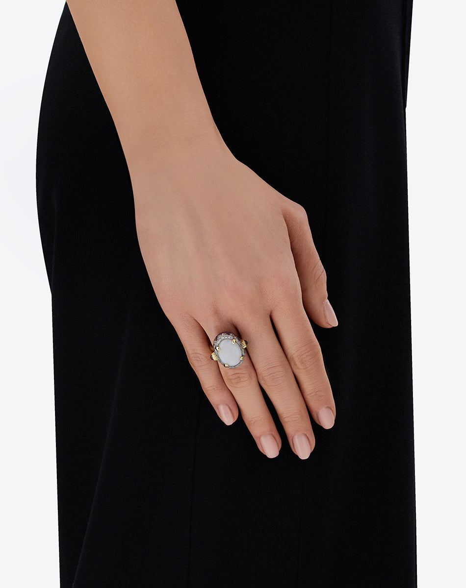 "Reverse" Gold, Pink Sapphires, Rubies, White Australian Opal and Diamonds Double-face Ring (LARGE)