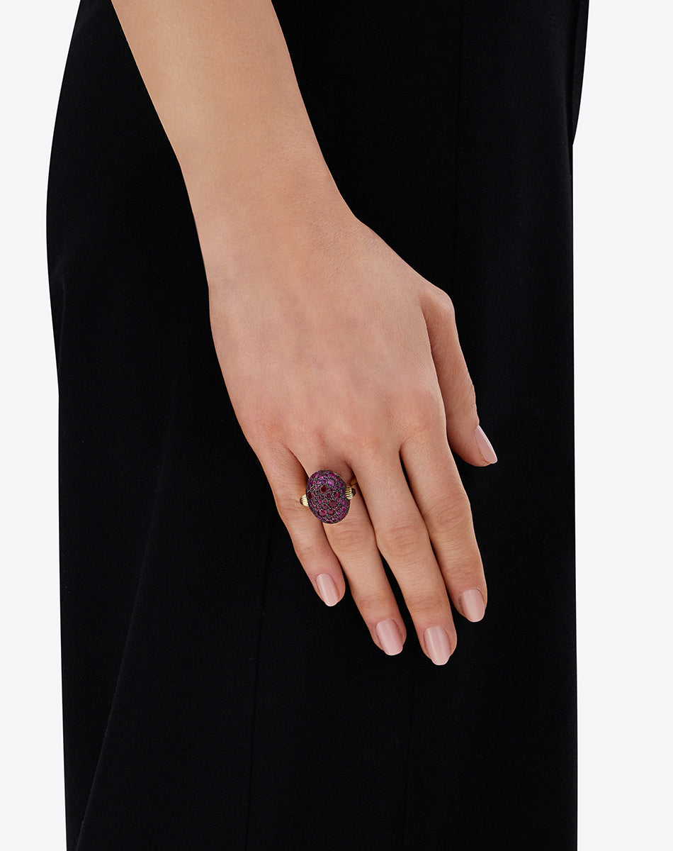 "Reverse" Gold, Pink Sapphires, Rubies, White Australian Opal and Diamonds Double-face Ring (LARGE)