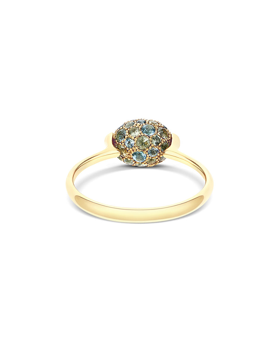 Double-sided “Reverse Baby” gold ring with blue diamonds, Swiss light blue topaz, green sapphires and London blue topaz