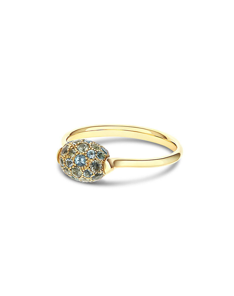 Double-sided “Reverse Baby” gold ring with blue diamonds, Swiss light blue topaz, green sapphires and London blue topaz