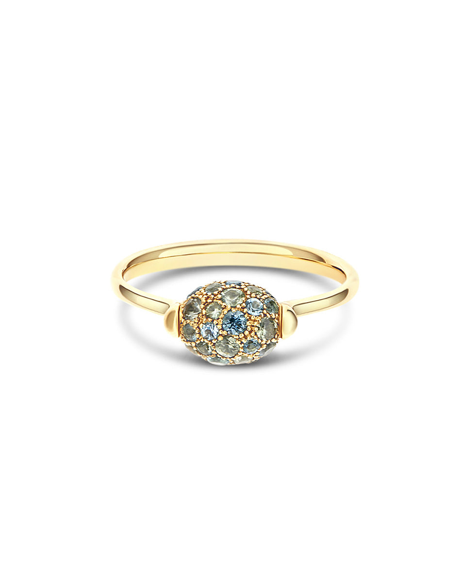 Double-sided “Reverse Baby” gold ring with blue diamonds, Swiss light blue topaz, green sapphires and London blue topaz