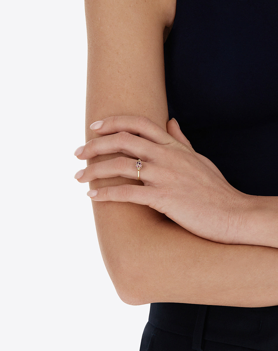 Double-sided “Reverse Baby” gold ring with diamonds, tsavorite, amethyst, green labradorite and rock crystal