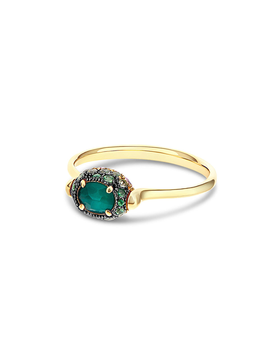 Reverse ring (baby), reversible, in gold, diamonds, labradorite, Rock crystal, amethyst, green sapphire, pink sapphire and tsavorite