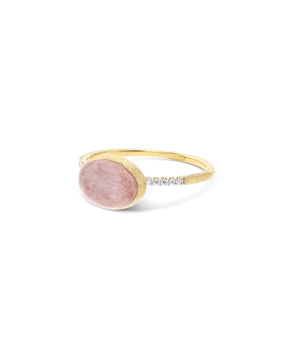Rosolio Boules ring (small), in engraved gold, diamonds, strawberry quartz, mother-of-pearl and Rock crystal