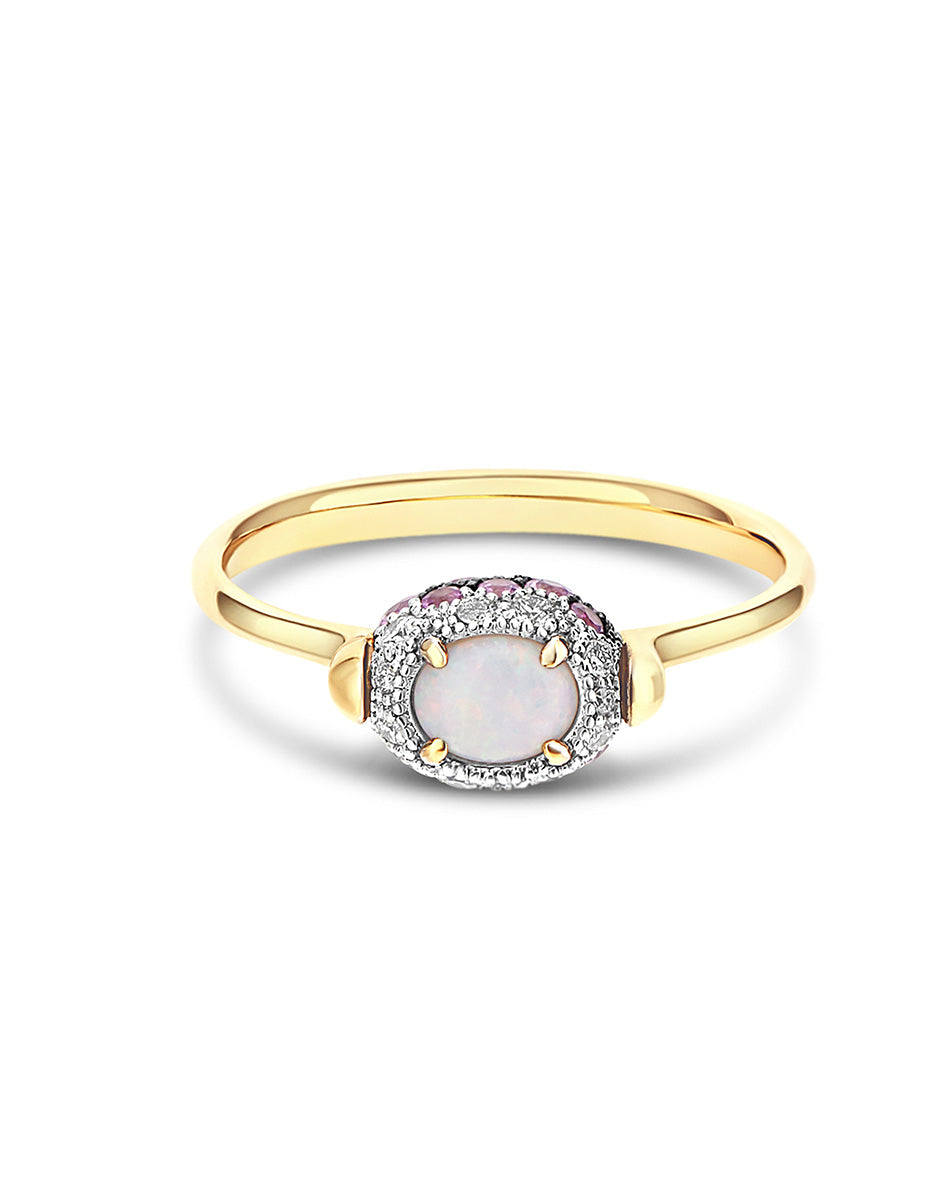 Double-sided “Reverse Baby” gold ring with pink sapphires, rubies, Australian white opal and diamonds