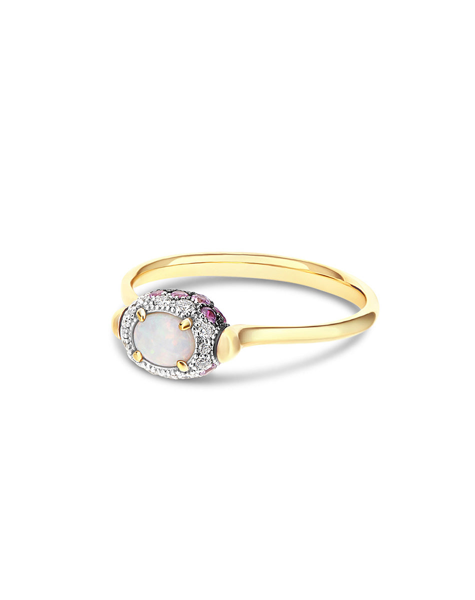Reverse ring (baby), reversible, in gold, diamonds, Australian white opal, pink sapphires and ruby