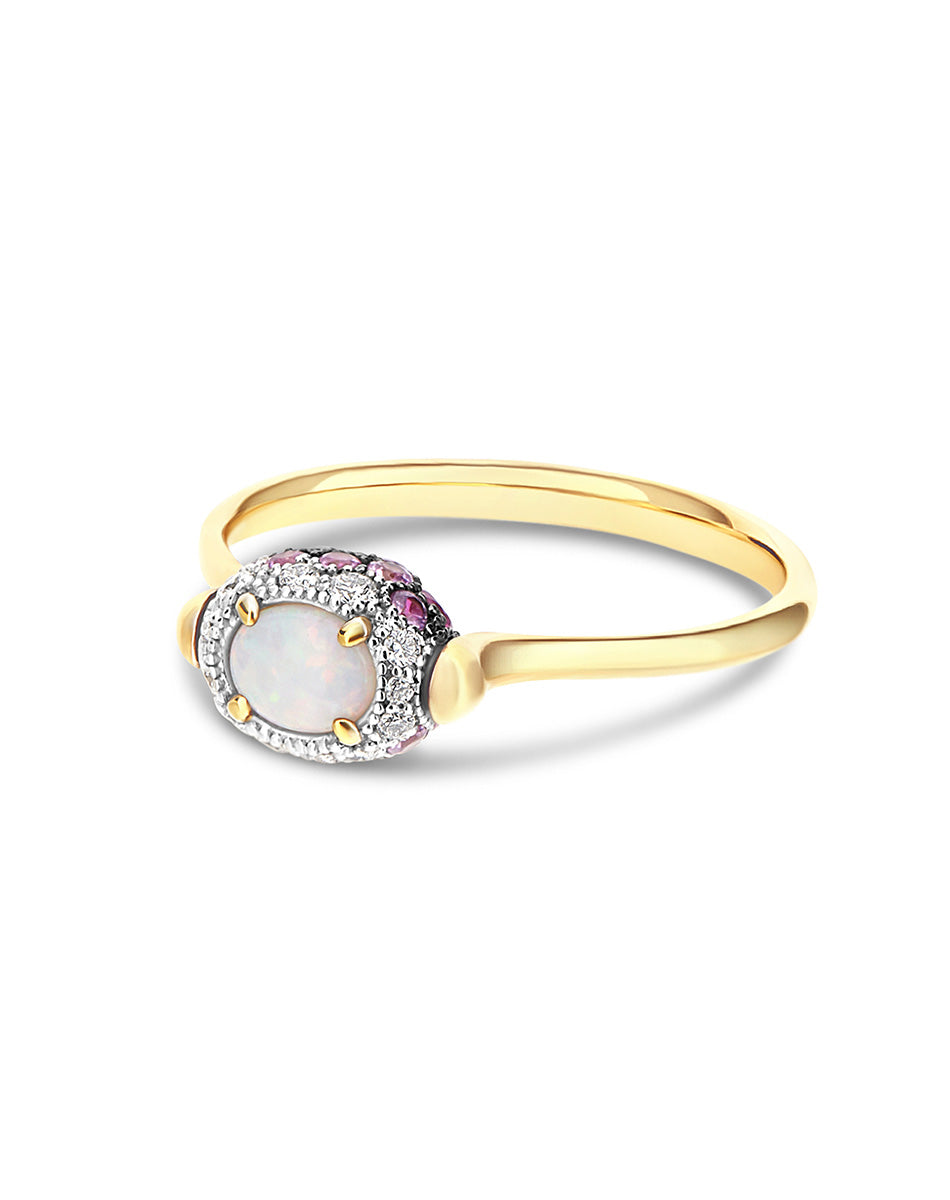 Double-sided “Reverse Baby” gold ring with pink sapphires, rubies, Australian white opal and diamonds