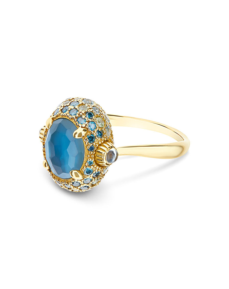 Reverse ring (medium), reversible, in gold, diamonds, blue diamonds, London Blue topaz, Swiss blue topaz and sapphires