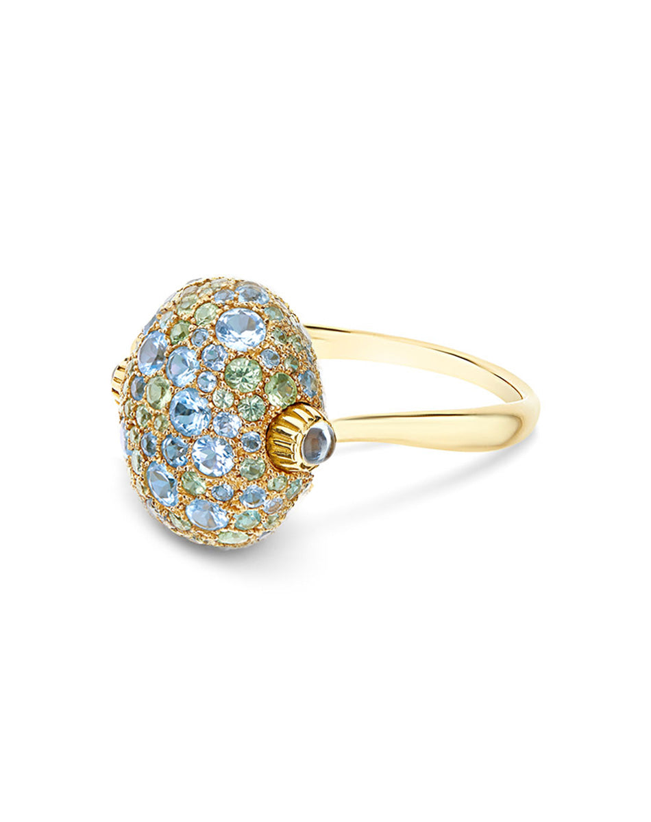 "Reverse" Gold, Blue Diamonds, Swiss Blue Topaz, Green Sapphires and London Blue Topaz Double-face Ring (MEDIUM)