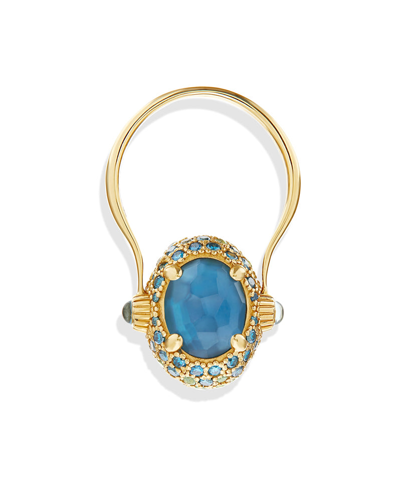 "Reverse" Gold, Blue Diamonds, Swiss Blue Topaz, Green Sapphires and London Blue Topaz Double-face Ring (MEDIUM)