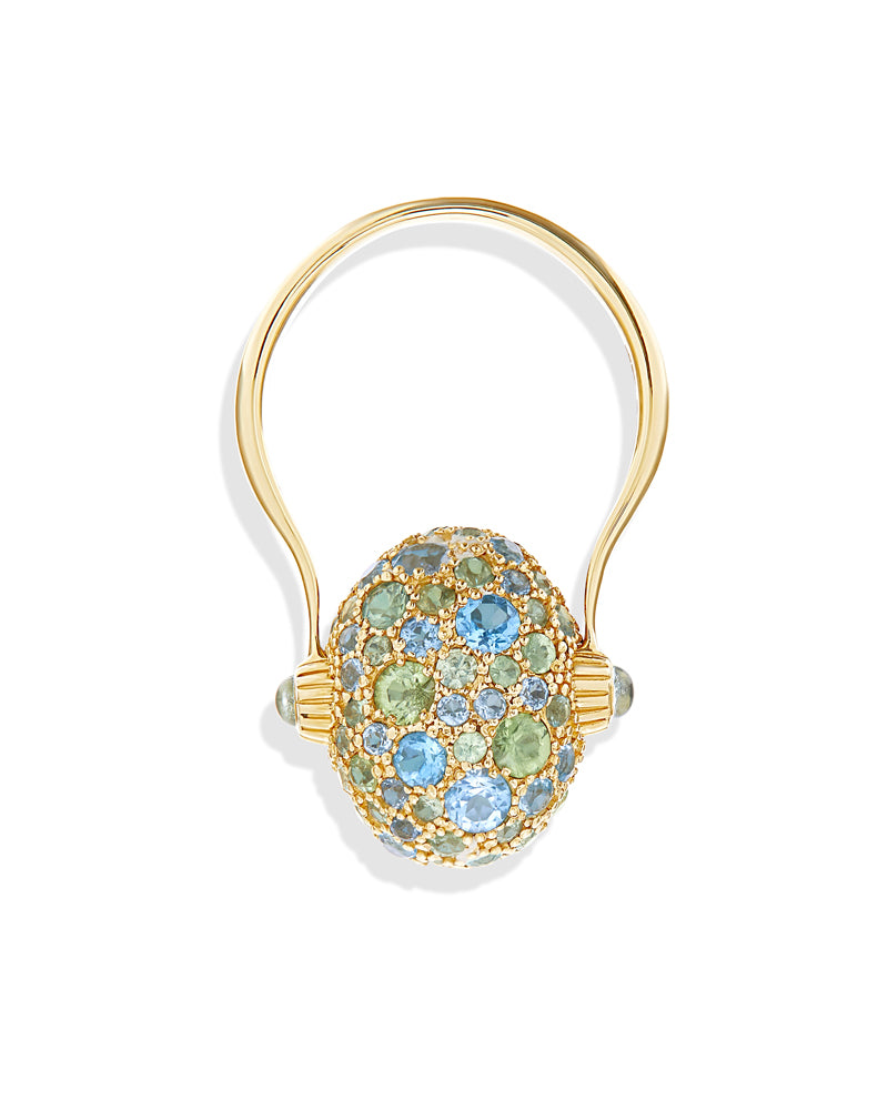 "Reverse" Gold, Blue Diamonds, Swiss Blue Topaz, Green Sapphires and London Blue Topaz Double-face Ring (MEDIUM)