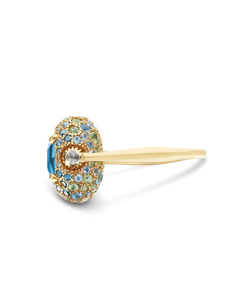 "Reverse" Gold, Blue Diamonds, Swiss Blue Topaz, Green Sapphires and London Blue Topaz Double-face Ring (MEDIUM)