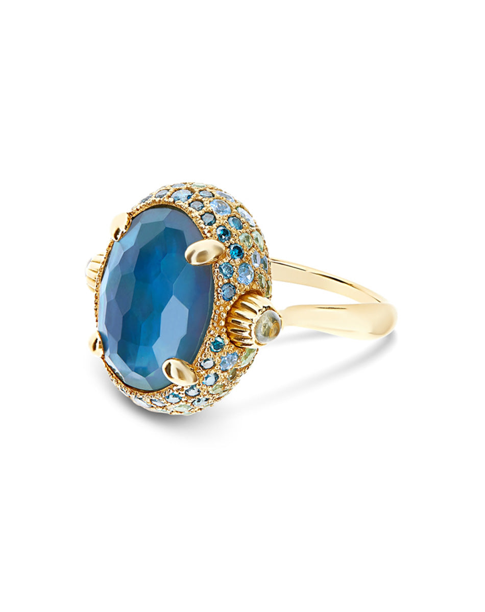 Reverse ring (big), reversible, in gold, diamonds, blue diamonds, London Blue topaz, Swiss blue topaz and sapphires