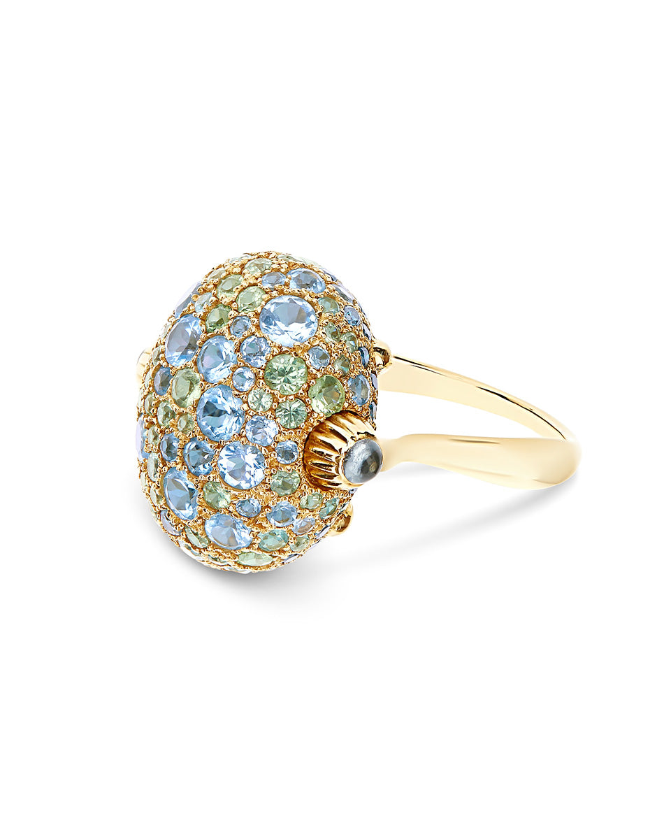 "Reverse" Gold, Blue Diamonds, Swiss Blue Topaz, Green Sapphires and London Blue Topaz Double-face Ring (LARGE)