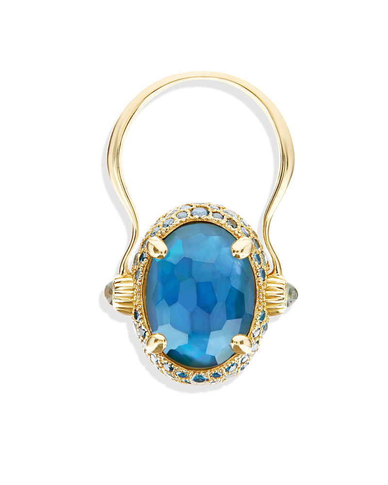 "Reverse" Gold, Blue Diamonds, Swiss Blue Topaz, Green Sapphires and London Blue Topaz Double-face Ring (LARGE)