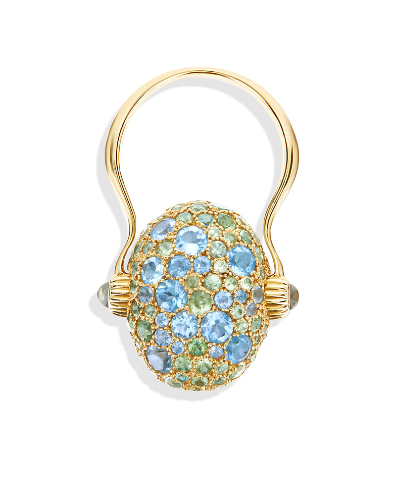 "Reverse" Gold, Blue Diamonds, Swiss Blue Topaz, Green Sapphires and London Blue Topaz Double-face Ring (LARGE)