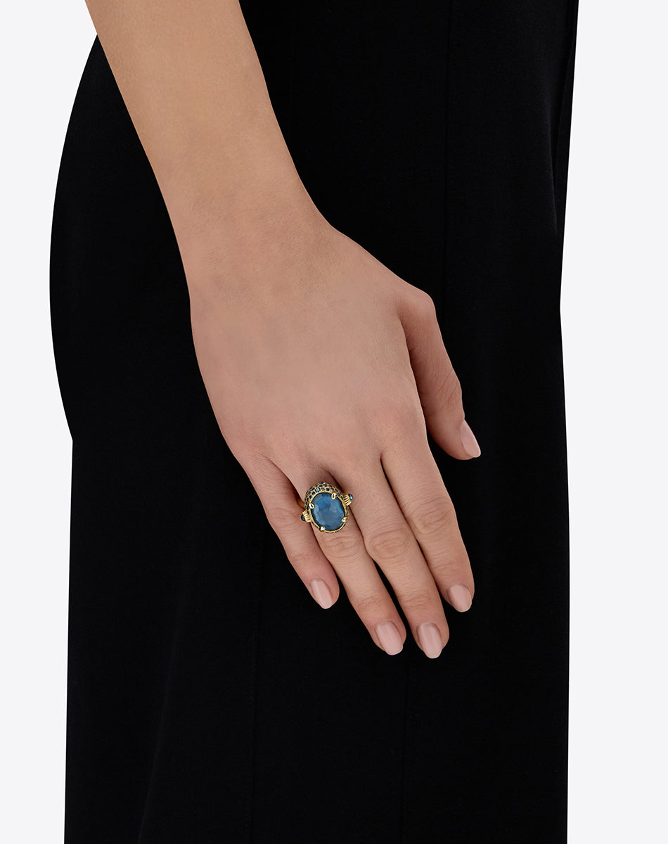 "Reverse" Gold, Blue Diamonds, Swiss Blue Topaz, Green Sapphires and London Blue Topaz Double-face Ring (LARGE)