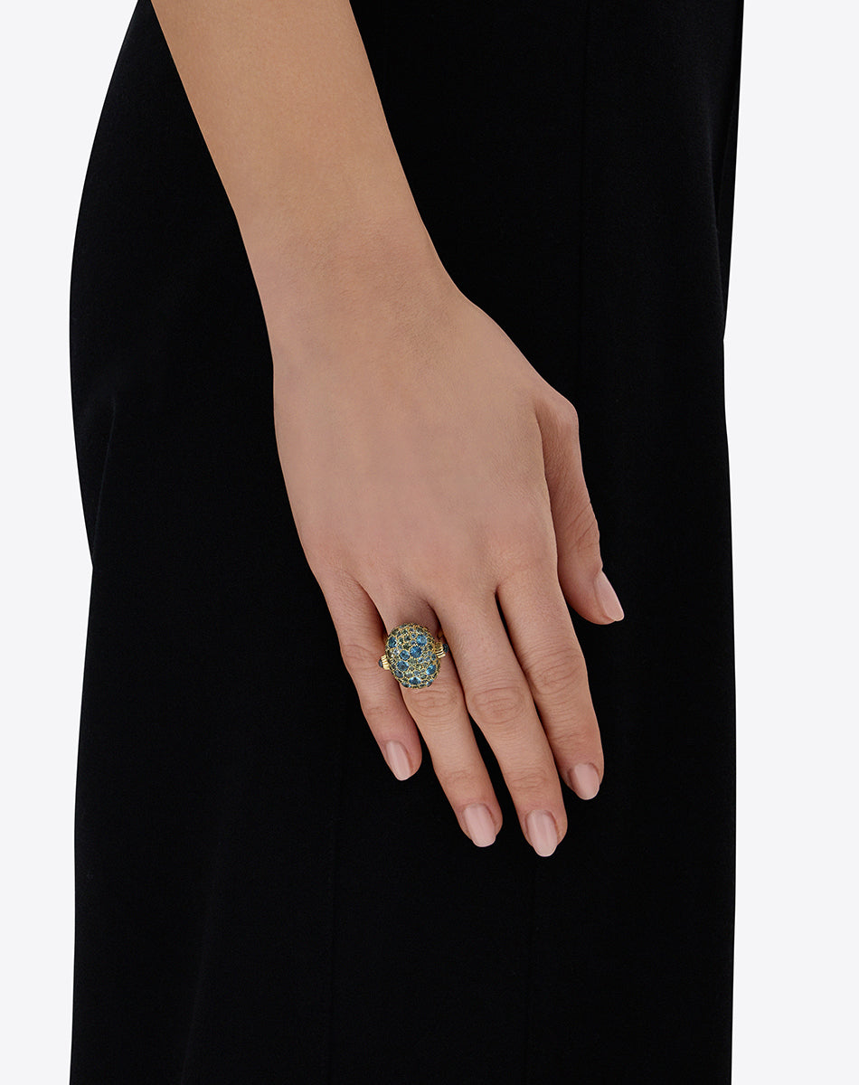 "Reverse" Gold, Blue Diamonds, Swiss Blue Topaz, Green Sapphires and London Blue Topaz Double-face Ring (LARGE)