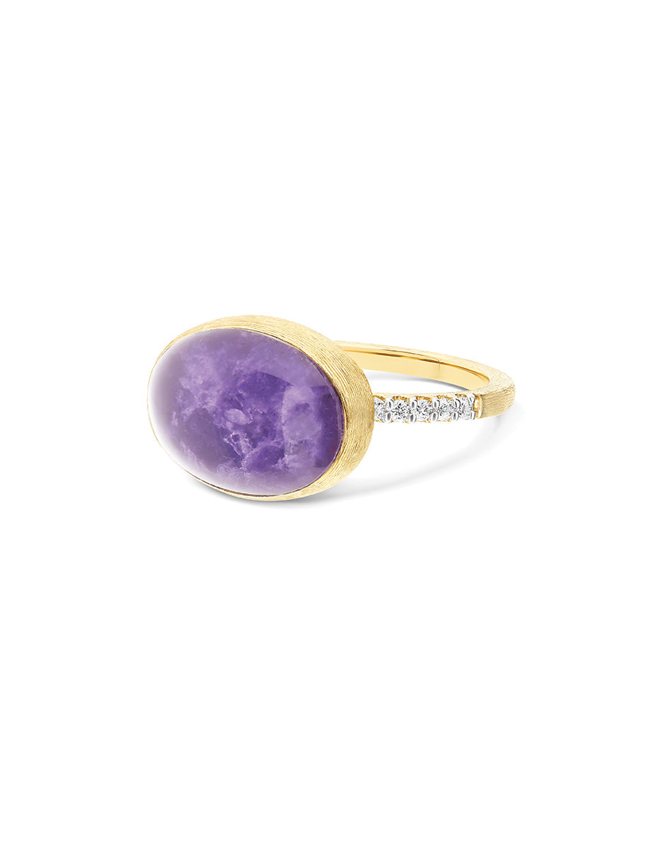 Violetta Boules ring (medium), in engraved gold, diamonds, lepidolite, mother-of-pearl and Rock crystal